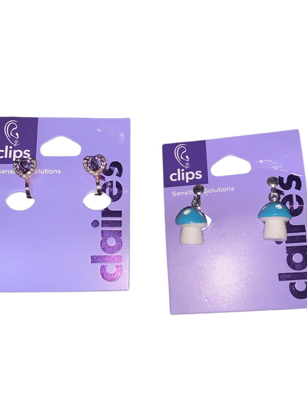 NWT Claire's Kids Blue & White Mushroom and Purple Hearts Clip-On Earrings